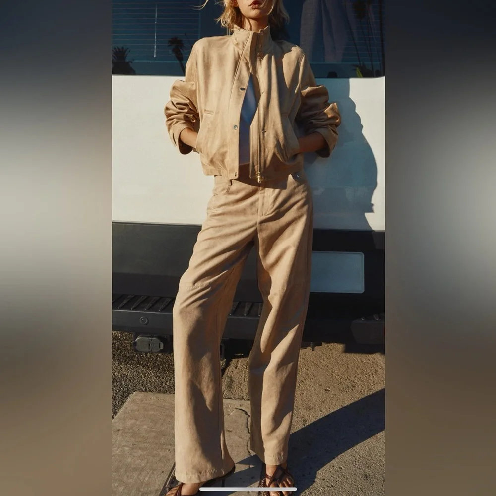Zara NWT cream beige faux suede straight leg pants